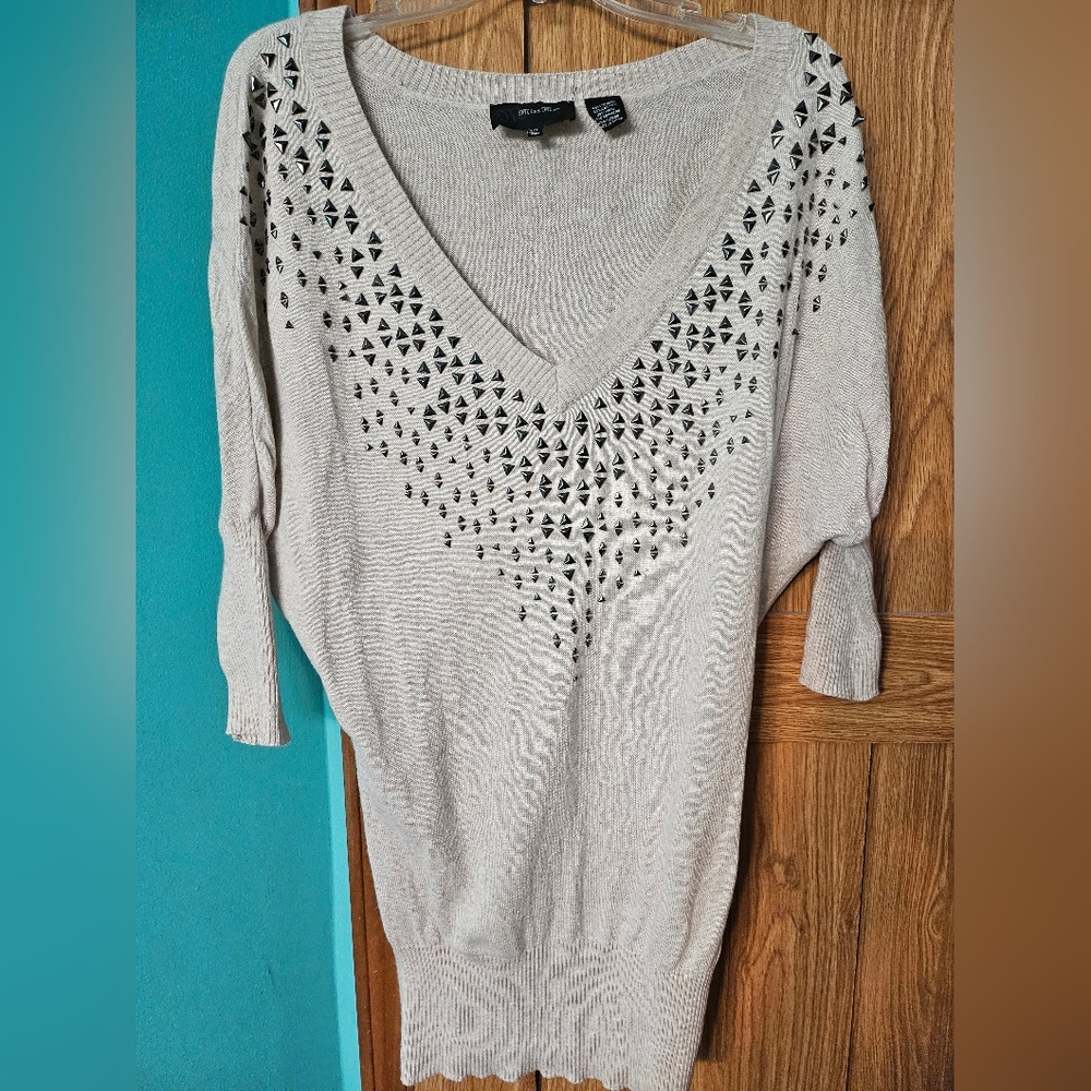 Miss Me Beige V-Neck Sweater with Bling Details